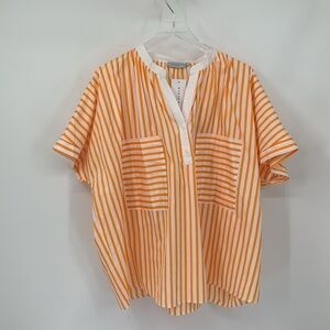 Harshman Rana Popover shirt blouse top orange white stripe button boxy new 3X